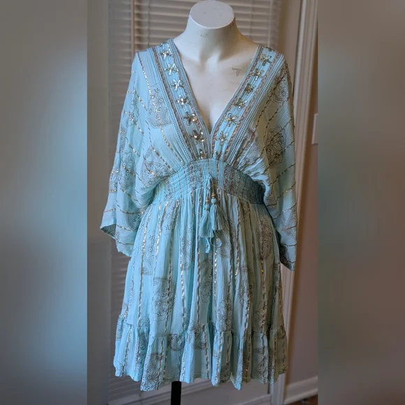 Chic Light Blue V-Neck Mini Dress - Picture 1 of 6